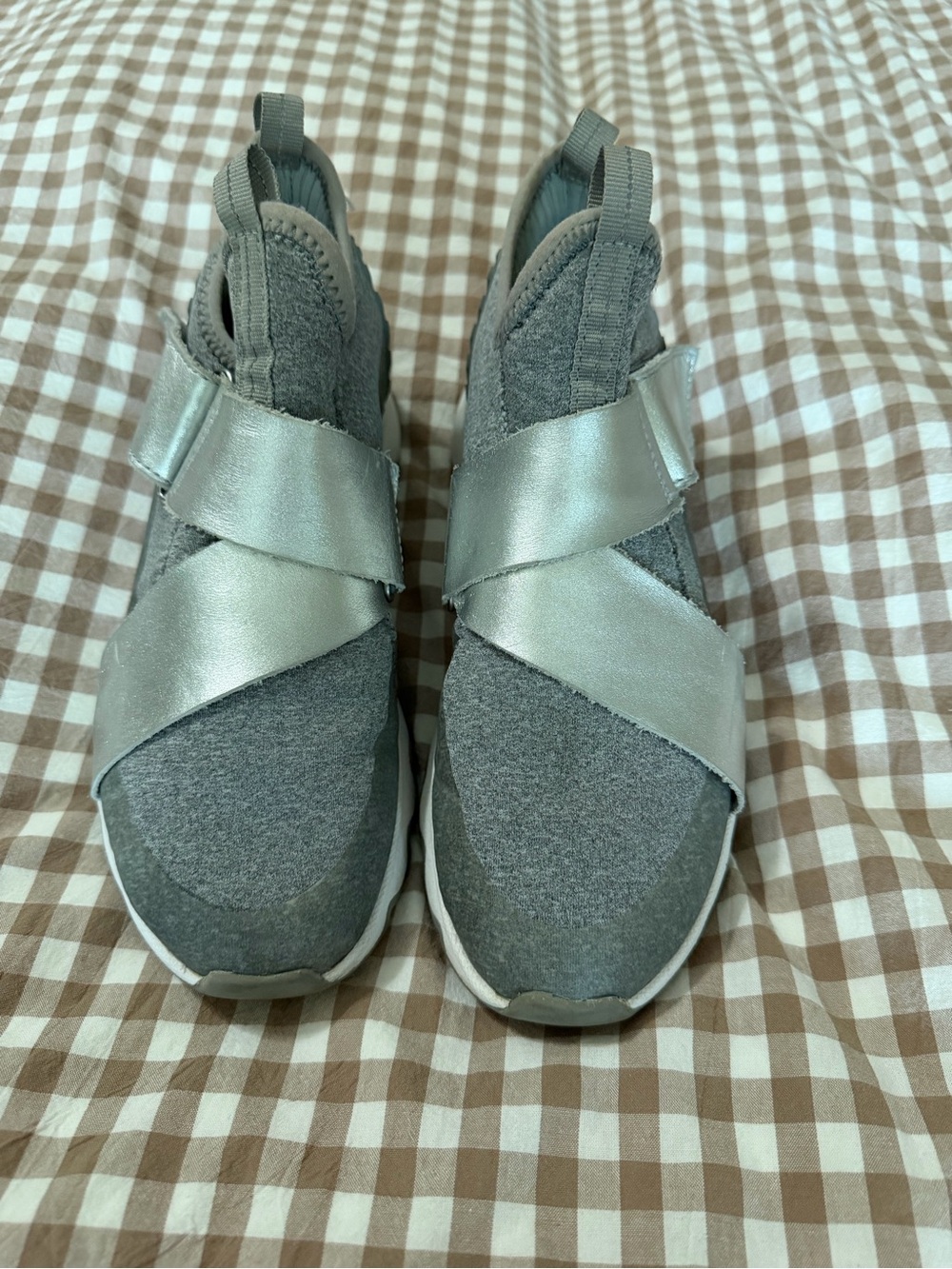 Sorel Women’s Grey Slip-On Sneakers with Metallic Silver Straps